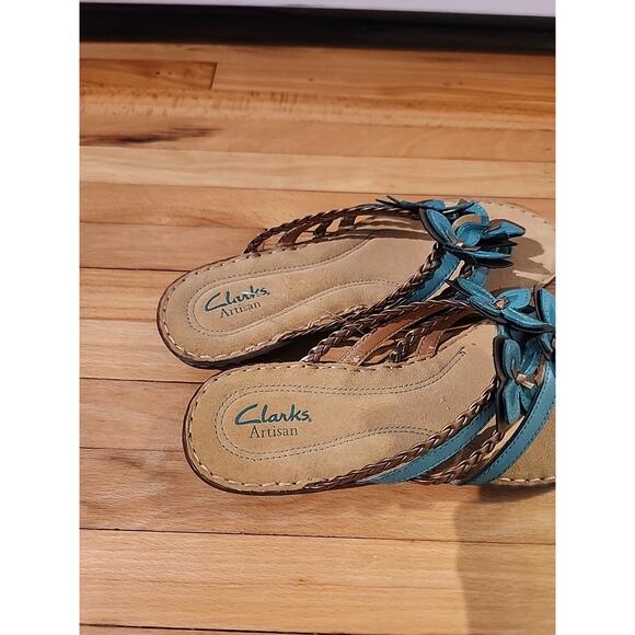 Clarks Artisan Sandals Womens Size 7.5M Thong Wedge Teal Leather Comfort - Picture 4 of 5